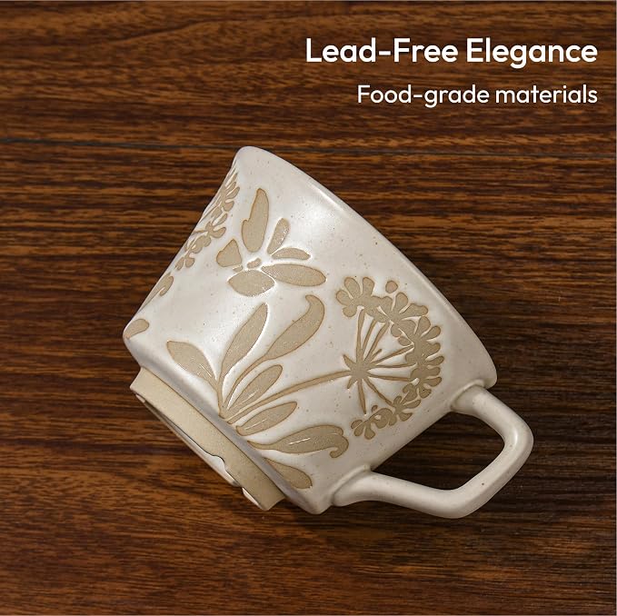 11 oz Ceramic Coffee Mug, Stoneware Teacup with Handle | Small Novelty Unique Cup for Tea Mocha Latte Cappuccino, Microwave Dishwasher Safe (Set of 4, Plants)