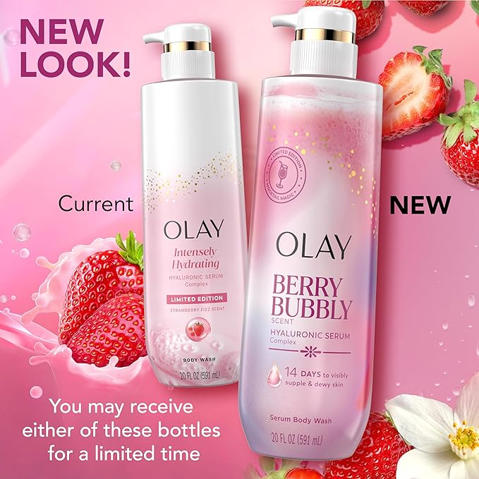 Olay Body Wash for Women, Intensely Hydrating, Pro-Hyaluronic Acid Serum Complex, Renews Moisture, Vitamin B3 Lameller Technology, For All Skin Types, Berry Bubbly Scent, 20 fl oz