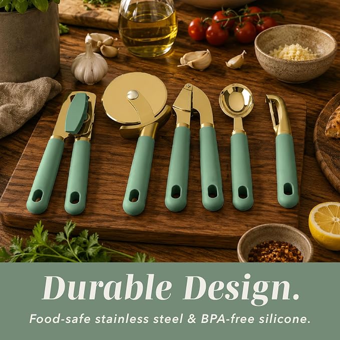 COOK WITH COLOR 6-Piece Kitchen Tool Set with Acacia Wood Cutting Board, Can Opener, Pizza Cutter, Garlic Press, Scoop & Peeler, Sage