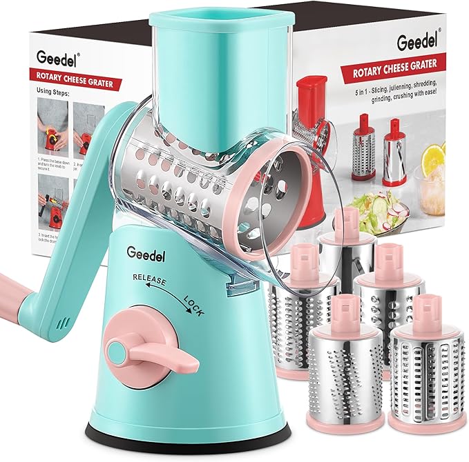 Geedel Rotary Cheese Grater Cheese Shredder - Upgraded 5-in-1 Cheese Grater with Handle and Strong Suction Base, Multi-purpose Vegetable Slicer Ice Shaver Nuts Grinder for Cheese, Vegetables, Ice