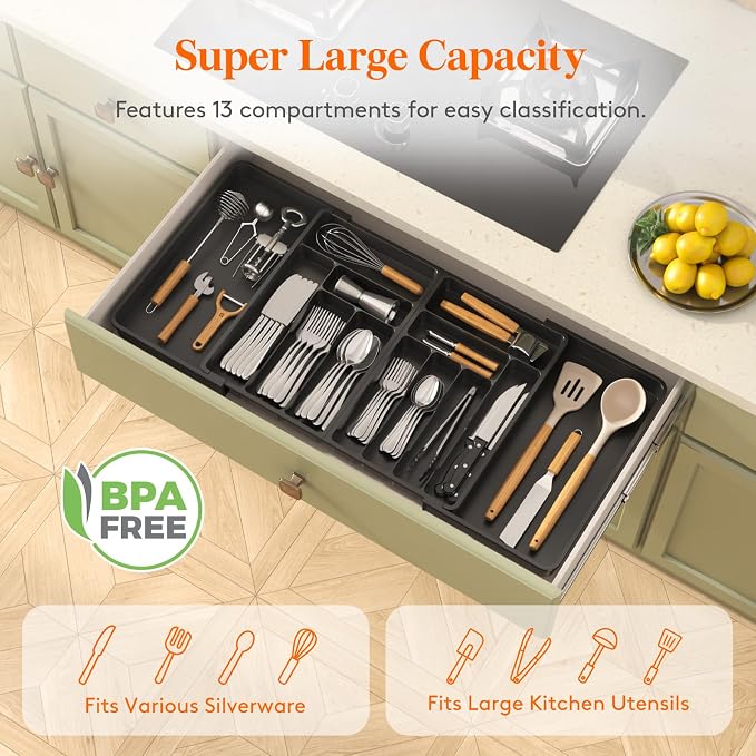 Lifewit Silverware Drawer Organizer, Expandable BPA Free Plastic Utensil Tray for Kitchen, Adjustable Flatware Cutlery Holder for Spoons Forks Knives, 21.3- 36 x 16.9", Black