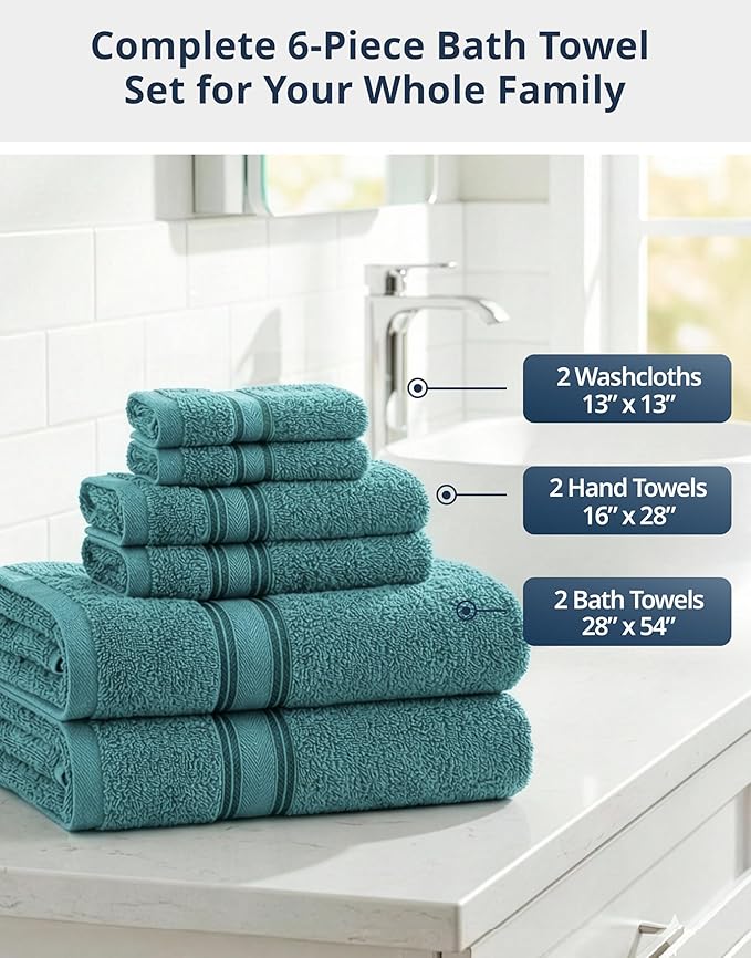 LANE LINEN Luxury Bath Towels Set - 6 Piece, 100% Cotton, Zero Twist, Quick Dry, Absorbent, Super Soft 2 Bath Towels, 2 Hand Towels, 2 Wash Cloths: Teal