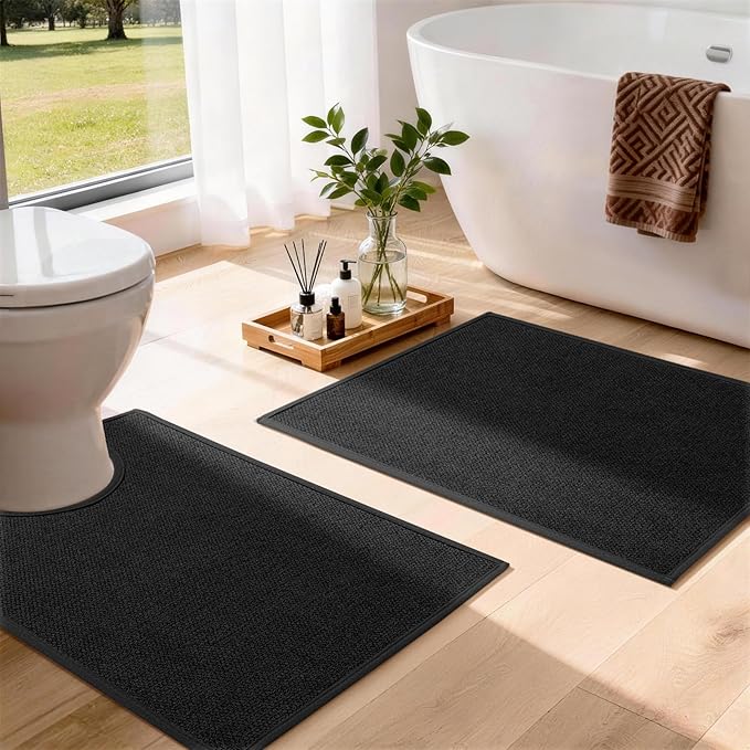 YIHOUSE Black Bathroom Rugs Sets 2 Piece, Quick Dry Thin Bath Mat with Toilet Rug, Non Slip Absorbent Machine Washable, Bath Rugs for Tub Sink Home Decor (17"x24" + 17.5"x24" U-Shaped)