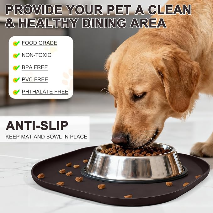 SMILOOL Waterproof Silicone Pet Food Mat with Raised Edge for Dog & Cat | 12" x 12" Non-Slip Small Pet Feeding Mats with Lip for Food & Water Bowl, Food Grade, Easy Cleaning, Dark Brown
