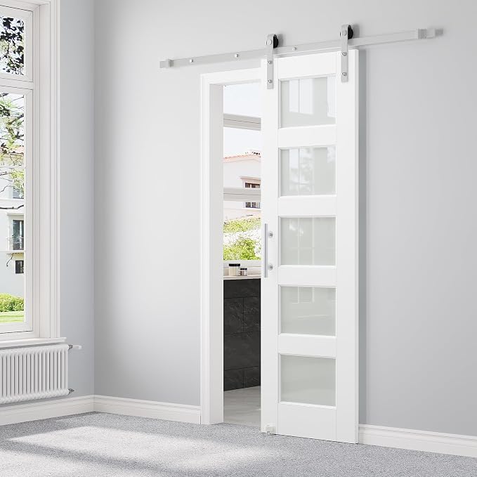 24" x 80" Pre-Assembled Barn Door and 6FT Sliding Door Hardware Kit Included & Handle, 5-Lite Frosted Glass White Sliding Barn Door for Closet Bathroom Bedroom, Solid & Water-Resistant MDF, Paintable