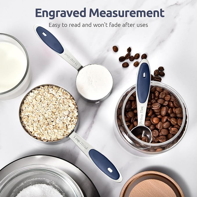 U-Taste 18/8 Stainless Steel Measuring Cups and Spoons (Set of 12, Midnight Blue), and Fine Mesh Strainer with Sturdy Riveted Silicone Handle and Strong Frame (Midnight Blue)