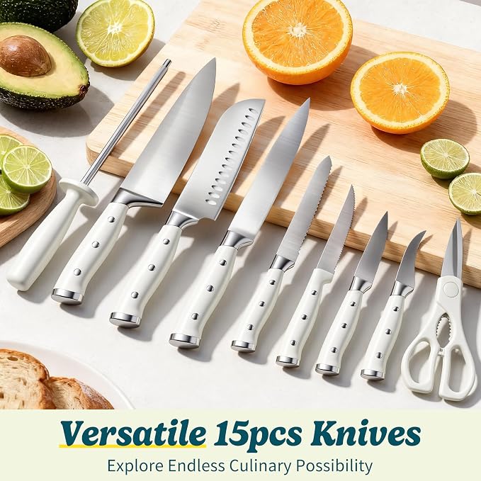 Knife Set, 15 Piece Premium Chef High Carbon Stainless Steel Kitchen Knife Block Set, Razor-sharp, Ergonomic Forged Triple Rivet Handle, Professional Knife Set for Kitchen, Dishwasher Safe(White)