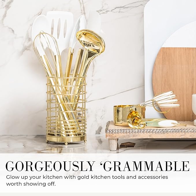 Gold Kitchen Utensils, 7-Piece Silicone Kitchen Utensils Set with Utensil Holder, White and Gold Kitchen Accessories, Luxury Kitchen Accessories for Modern Kitchens