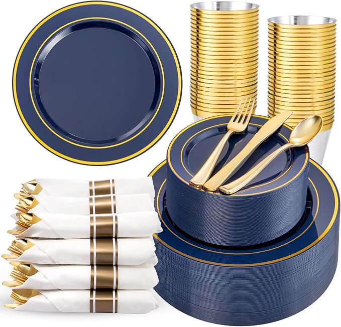 WDF Partyware 350PCS Navy Blue and Gold Plastic Plates with Rolled Napkins Include Dinner Plate 10’’, Dessert Plate 7’’, gold Cups 9 OZ, Pre Rolled Napkins for Birthday/Wedding/Party