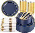 WDF Partyware 350PCS Navy Blue and Gold Plastic Plates with Rolled Napkins Include Dinner Plate 10’’, Dessert Plate 7’’, gold Cups 9 OZ, Pre Rolled Napkins for Birthday/Wedding/Party