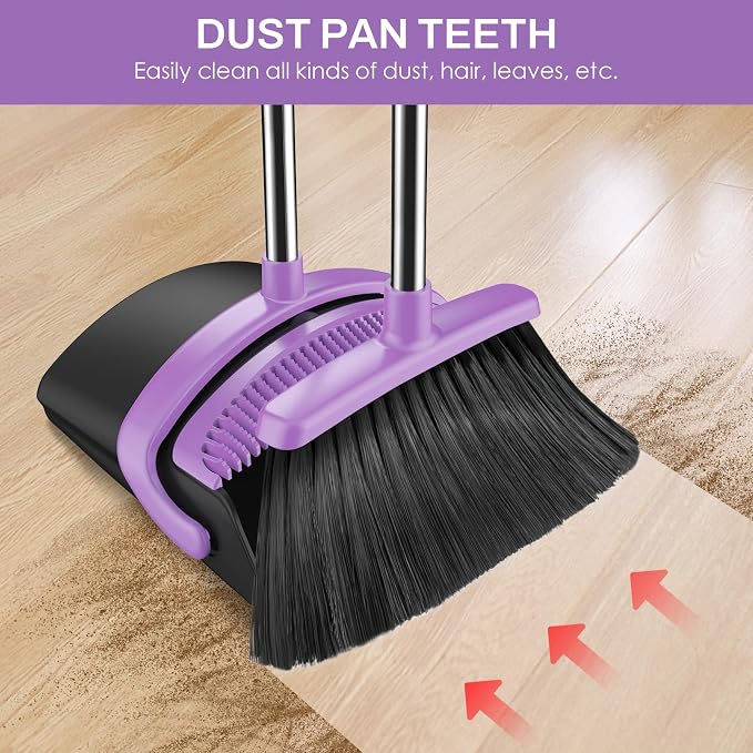 Broom and Dustpan Set for Home, 51-in Long Adjustable Handle Angle Broom and Dustpan Combo Set with Dust Pan Teeth to Clean Hair for Home Kitchen Office Lobby Floor Garden (Black&Purple)