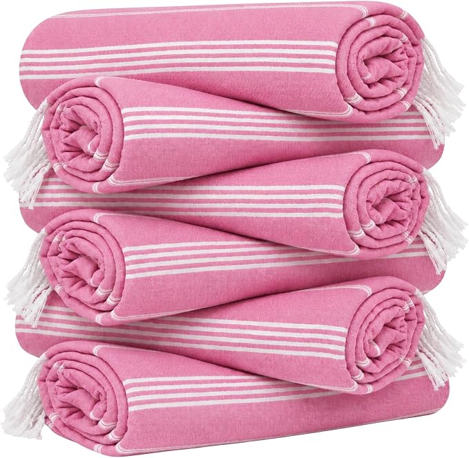 HAVLULAND Turkish Beach Towel Set of 6 Oversized 72x40 100% Turkish Cotton | Soft Hammam Peshtemal, Sand Free, Quick-Dry, Absorbent Bath Towel | Lightweight & Compact for Travel, Pool, Gym, Spa - Pink