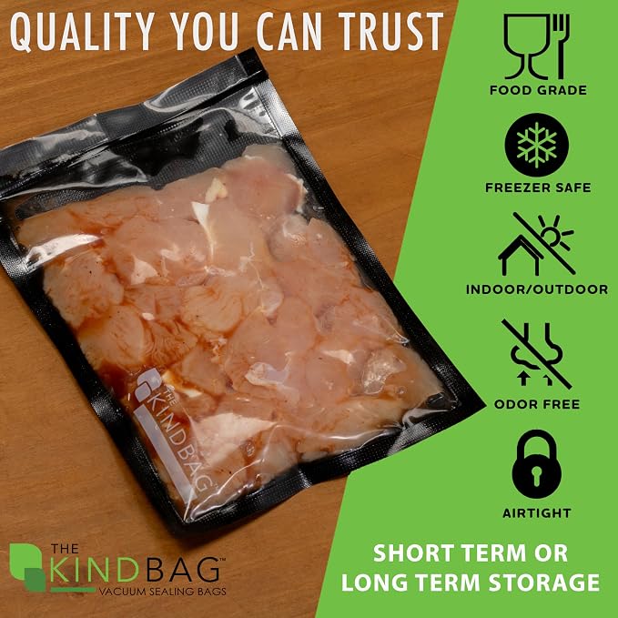 The Kind Bag Vacuum Seal Bags for Food Storage, 8x12 Inch 100 Pack, Pre-Cut 3mil Commercial Grade, Black Back Clear Front, BPA Free, Airtight and Freezer Safe, Prevents Freezer Burn