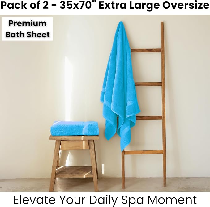 SALBAKOS 2-Piece 100% Turkish Cotton Bath Towels, X-Large 35x70, Aqua Blue | Oversized Bath Sheet Towel for Bathroom & Beach, Thick, Super Soft, Highly Absorbent, Premium Hotel Quality, Made in Turkey