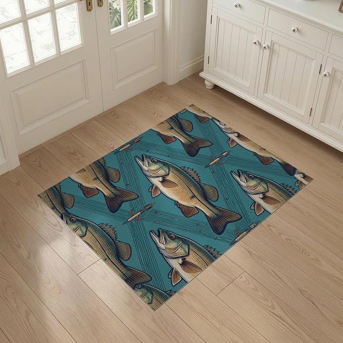 3'x5' Washable Area Rug Bass Trophy Catch Vintage Lure Spotted Tackle Motif Fish Fishing Refined for Entryway, Kitchen, Mudroom, Stain Resistant Flatwoven