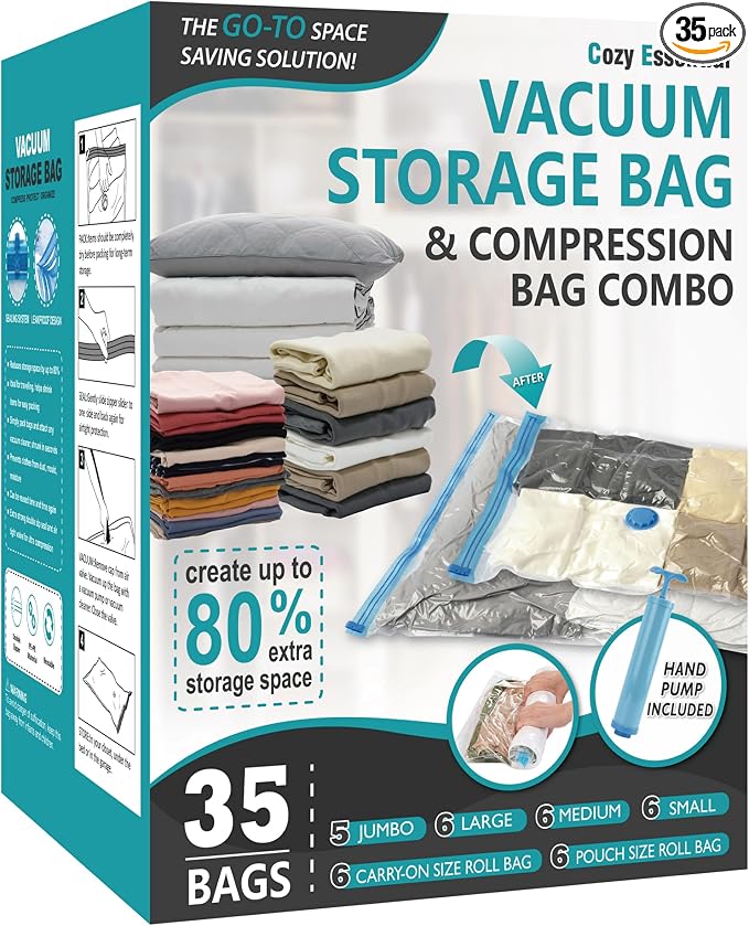 Cozy Essential Vacuum Storage Bags, 80% Compression Vacuum Seal Space Saver Plastic Packaging Bags for Clothes, Blankets, Pillow, Bedding, Comforters, Sealer Clothing Storage,35 Combo