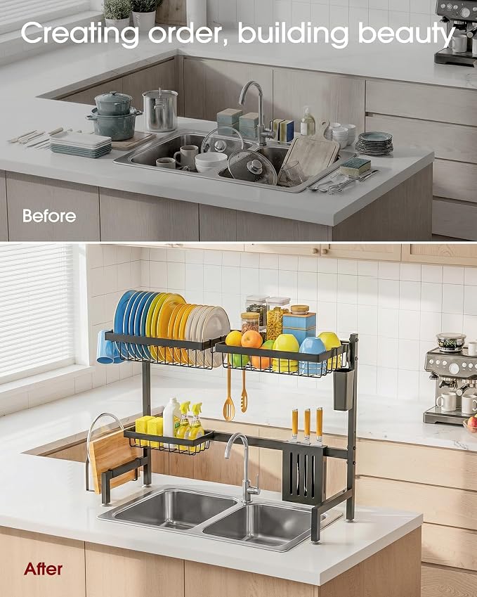 Sakugi Dish Drying Rack Over The Sink, Dish Drainer for Kitchen Counter | Stainless Steel Storage Organizer with Utensil Knife Holder & Hooks, Adjustable 11"D x 30.5"~34''W x 21.5" H, Black