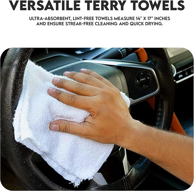 Terry Bar Mop Towels - 60 Pack (14"x17") White Cotton Terry Cloths, Super Absorbent Cleaning Rags, Reusable Bar Mop Towels for Kitchen, Garage, Salon, Spa & Commercial Use