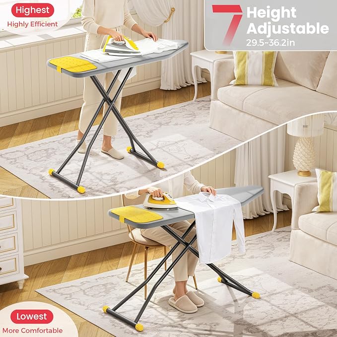 KINGBOARD Extra Wide Ironing Board, 18x47 Full Size Ironing Board with Silicon Iron Mat, Large Stand with 7 Adjustable Heights, Heavy Duty Iron Board with Heat Resistant Cover, Grey