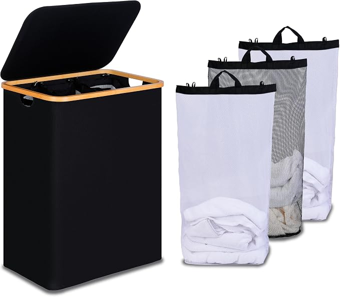 efluky Laundry Hamper with Lid, Trio Laundry Basket with 2 Removable Bags, 3 Section Laundry Bin with Bamboo Handles for Bathroom, Bedroom & Laundry Room, 160L (42.3 Gallon) Black