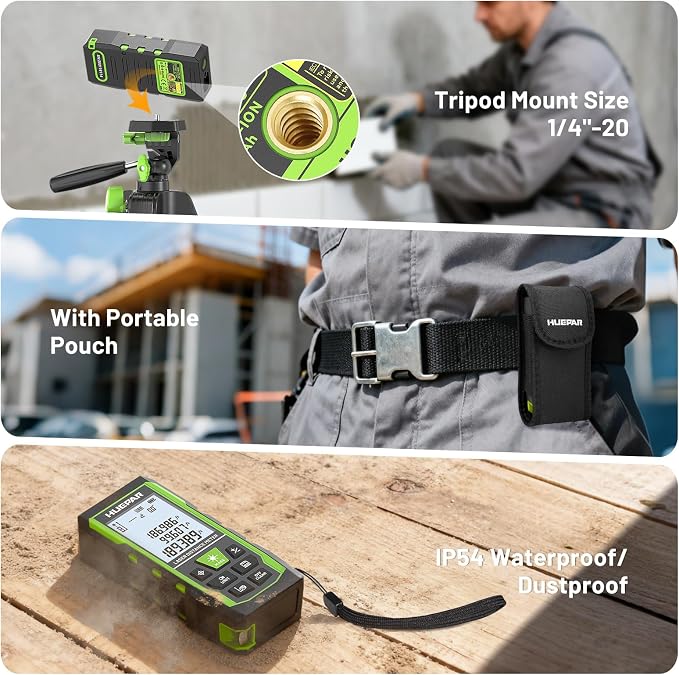 Huepar 3-in-1 Laser Measuring Tool, 400Ft Laser Measure & 33Ft Green Cross Line Laser Level & 6.5Ft Tape Measure, Rechargeable, Voice Broadcast, Multi-Mode, Rugged for Construction &Home Use, SW-T120