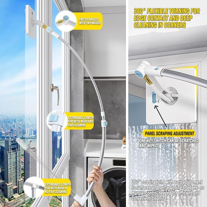High Rise Outdoor Window Cleaning Tools - 2 in 1 Windows Washing kit with 51" Extendable Pole, Double-Sided Squeegee for Inside & Outside Glass Cleaner Apartments & Homes