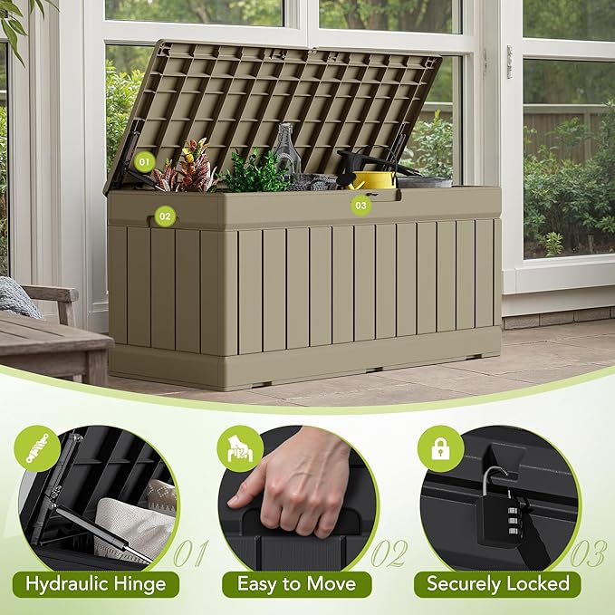 Devoko 78 Gallon Deck Box, Waterproof Resin Outdoor Storage Box | Outdoor Storage Bench Lockable for Outside and Patio Furniture, Garden Tools and Pool Supplies