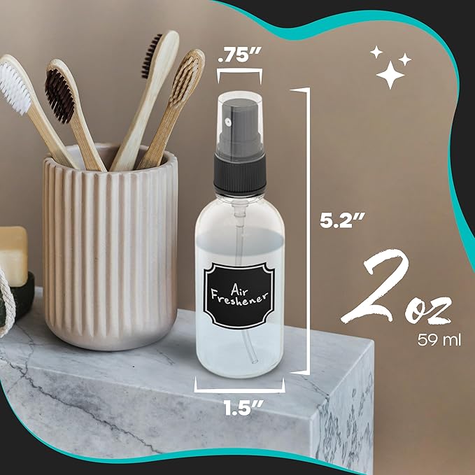 Nevlers Clear Glass Small Spray Bottle 2 Oz 48 Pack | Mini Travel Spray Bottle Set with Funnel, Brush, Marker & Labels | Face, Hair & Body Spritzer Bottles | Small Atomizer Mist Bottles for Perfume