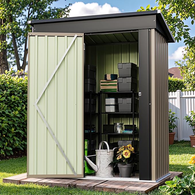 Patiowell 5x3 FT Outdoor Storage Shed, Tool Shed with Sloping Roof and Lockable Door, Metal Shed for Backyard Garden Patio Lawn, Brown