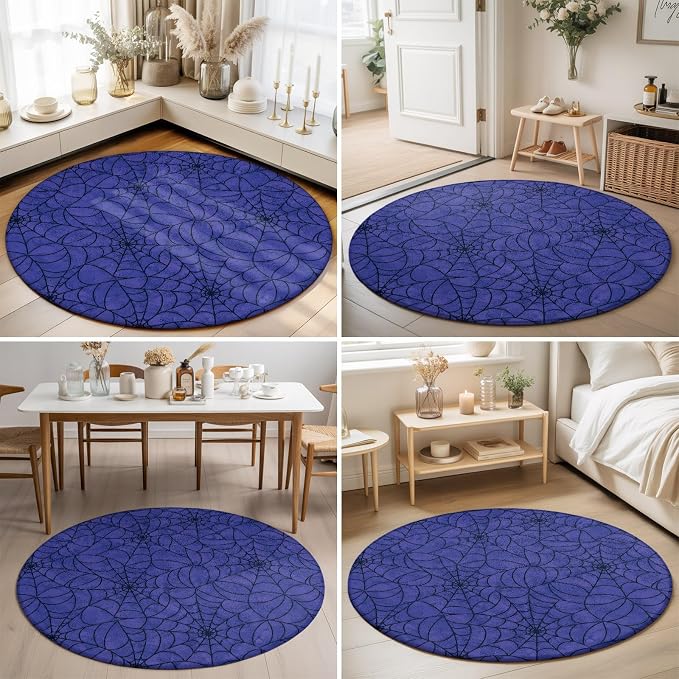 Round Area Rug 6', Navy Blue Halloween Washable Area Rugs for Living Room Kitchen Bedroom Nursery Dining Room, Black Spiders Net Classic Gingham Non Slip Door Mat Indoor Floor Throw Circle Carpet