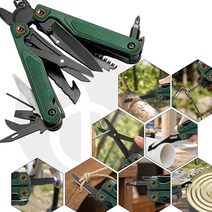 BIBURY Lightweight G10 Handle Multitool Pliers, 25-in-1 EDC Multi Tool with Replaceable Wire Cutters, Scissors, One-Hand Opening Pocket Knife Survival Tools for Camping, Repair,Survival -BI2048G