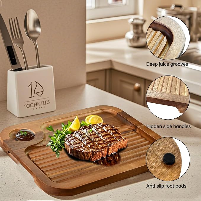 4 pcs Acacia Wood Steak Plates,Carnivore Meat Cutting Board for Eating | Carved Wooden Serving Trays Food Serving Platter Cheese Charcuterie Board with Deep Groove & Hidden Handles Housewarming Gift