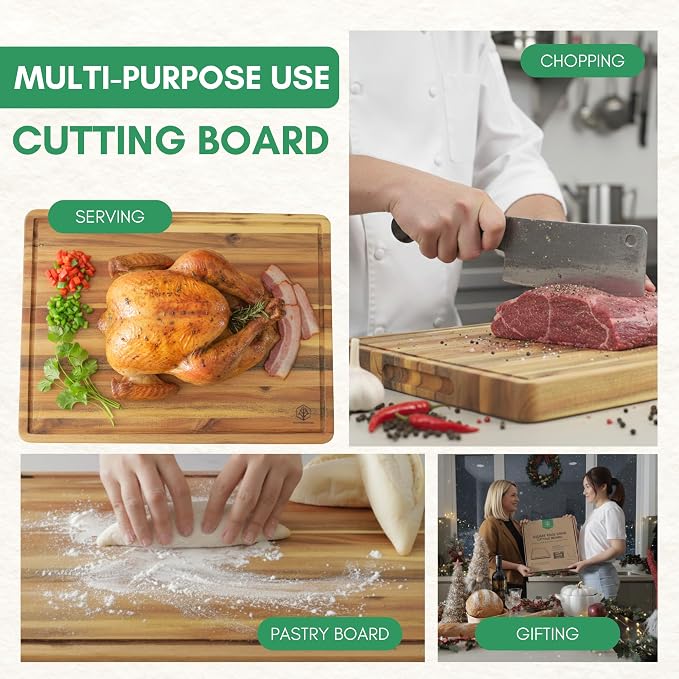 Acacia Wood Cutting Boards for Kitchen, 1.5 in Thick Butcher Block Construction for Stability, 15 x 10 in Medium Cutting Boards with Gift Box, Juice Groove and Handle
