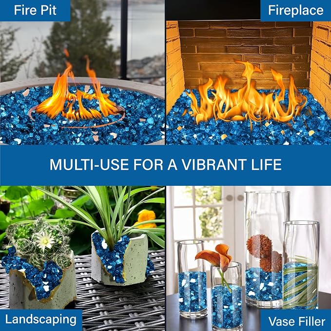NUPICK 5 Pound Fire Glass, 1/2 Inch Reflective Fire Pit Glass | Fire Pit Rocks for Propane or Natural Gas, Glass Rocks for Fire Pit Table, Fireplace, Fire Bowl, Pacific Blue Reflective