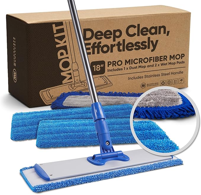 Microfiber Wholesale 18 Inch Professional Microfiber Mop | 4-Piece Stainless Steel Handle | Wet Dry Flat Mop Kit for Hardwood, Laminate, Tile, Vinyl Floors | 3 Washable Pads | Floor Cleaning System