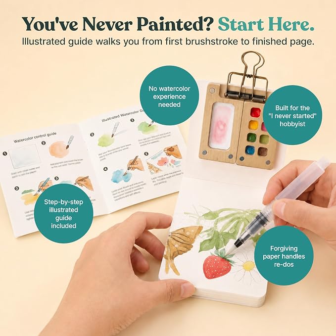 Tobios Watercolor Paint Set, Mini Travel Watercolor Kit with 12 Colors, Refillable Water Brush, Wooden Palette & Sketchbook, Portable Painting Set for Beginners, Journaling & Gifts