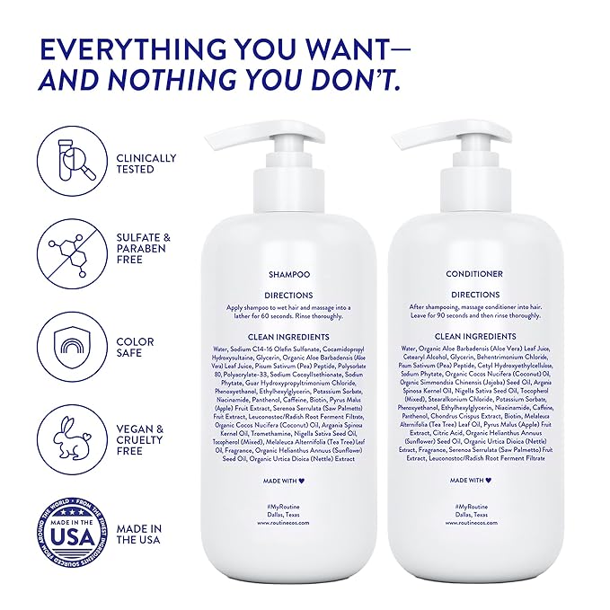 Routine Wellness Shampoo and Conditioner Set and Hair Serum for Thinning Hair - DHT Blocker Women & Men - Color Safe Shampoo for Hair Loss & Healthier Hair - Rose Hips Set + Hair Serum
