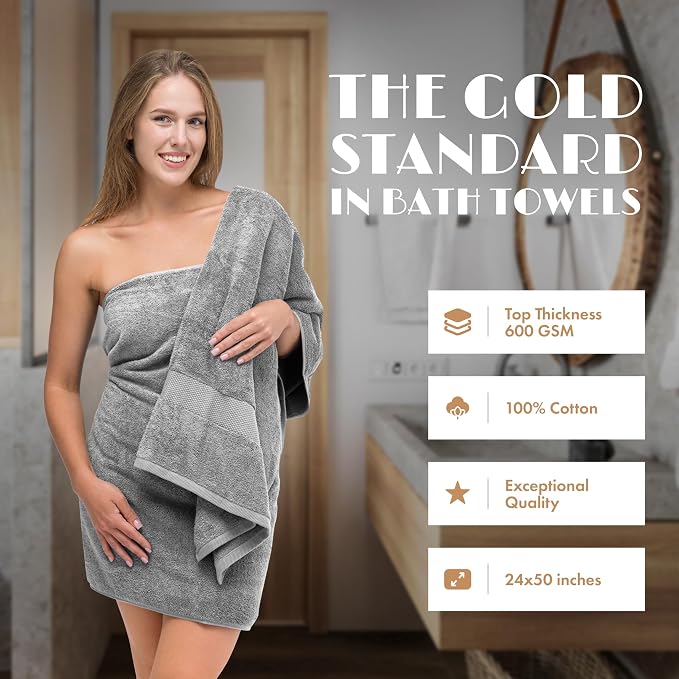 White Classic Wealuxe Light Gray Bath Towels 24x50 Inch, Cotton Towel Set for Bathroom, Hotel, Gym, Spa, Soft Extra Absorbent Quick Dry 6 Pack