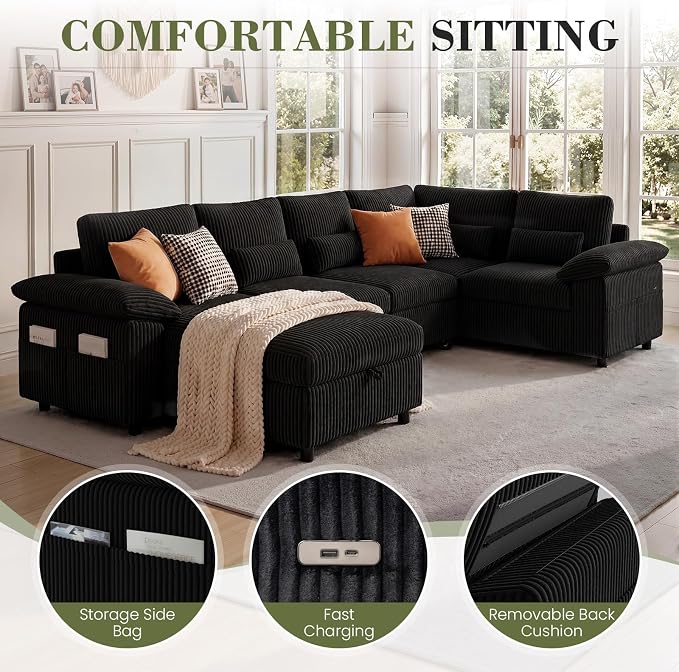 110 Inch Modular Sectional Sleeper Sofa with Pull Out Bed, U Shaped 7 Seat Cloud Modular Sectional Sofa with Storage, Corduroy Sectional Couches for Living Room, Removable Sofa Cover, Black