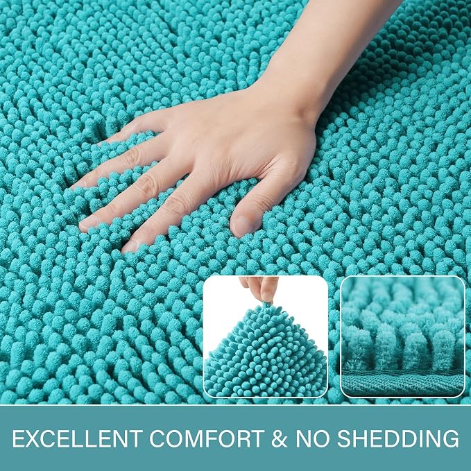 LOCHAS Luxury Bathroom Rug Shaggy Bath Mat 24 x 48 Inch, Teal Blue | Washable Non Slip Bath Rugs for Bathroom Shower, Soft Plush Chenille Absorbent Carpets