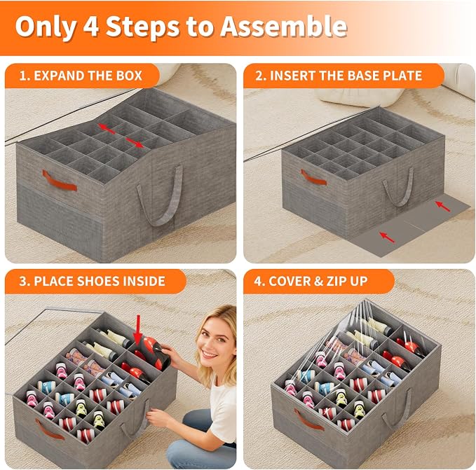 Aokeyee 2 Pack Shoe Organizer for Closet, Large Shoe Storage Box, Grey | Fits up to 48 Pairs, Stackable, Space Saving, Foldable, Shoes Organizer Bin with Clear Cover, 4 Reinforced Handles