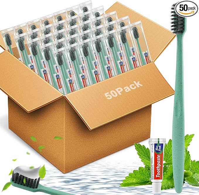 HOFASON Disposable Toothbrushes with Toothpaste, 50 Pack Bulk Travel Toothbrush and Toothpaste Set, Individually Wrapped Travel Size Tooth Brush Paste Kit for Homeless Shelter Charity Church Hotel