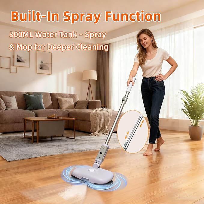 GOBOT Cordless Electric Spray Mop with High-Speed Motor, Enhanced Cleaning Power, Durable Material, LED Headlight, 300 mL Tank, Dual-Spinning Pads for Hardwood, Tile & Laminate（Blue）