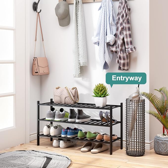 viewcare 3-Tier Long Black Shoe Rack, Bamboo Wood Shoe Rack for Closet, Entryway & Hallway, Stackable | Functional | Sturdy