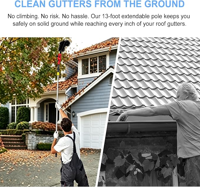 13FT Gutter Cleaning Tools from Ground, 6-in-1 Brush & Rake Kit | No Climbing Needed. Dual Universal Clamps for Any Angle. 13FT Extension Poles. Gutter Cleaner Tool with Scoop, Rake & Brush.