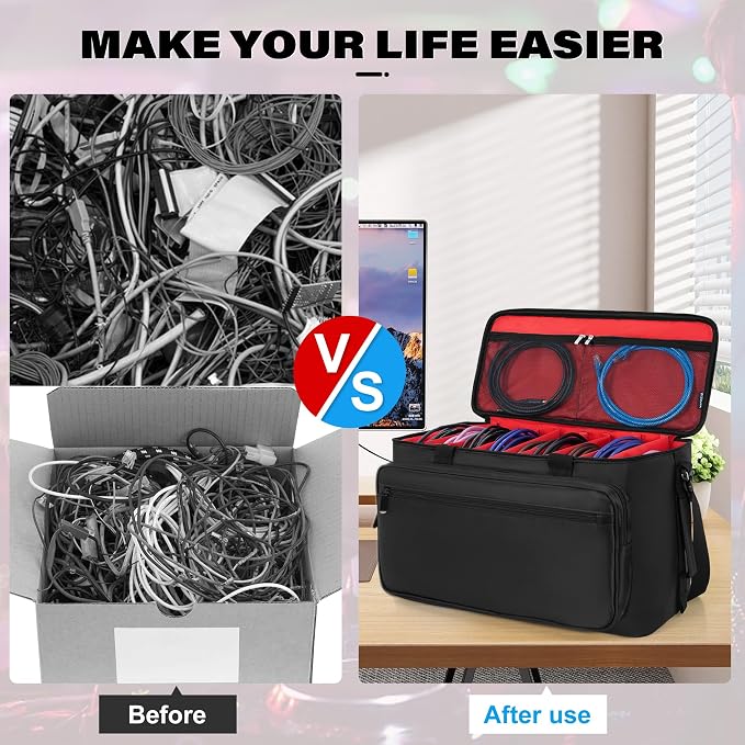 AKOZLIN Large Travel Gig Band Cable File Bag With Detachable Dividers DJ Cord Organizer Case for DJ Gear Sound Instrument and Musician Accessories Red
