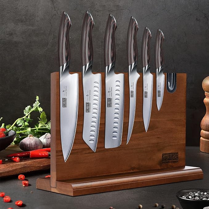 HOSHANHO 7PCS Kitchen Knife Set, Japanese Magnetic Knife Block Set | Ultra Sharp Japanese High Carbon Stainless Steel Chef Knives Sets with Block, Ergonomic Pakkawood Handle, Ideal Cooking Gift