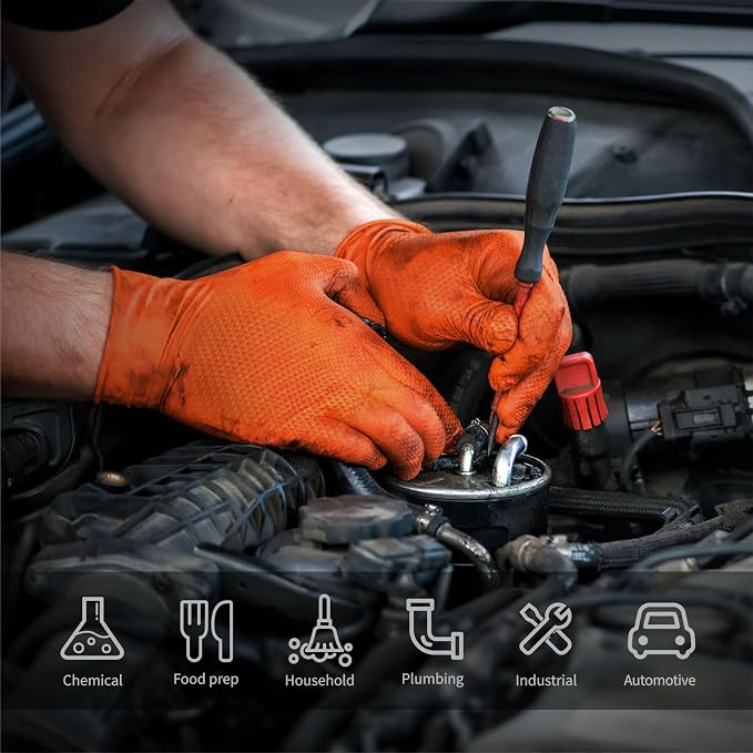 TREEGO 10 Mil Heavy Duty Orange Nitrile Mechanic Gloves, 100 Count XL | Diamond Grip Rubber Gloves, Latex & Powder Free for Heavy Equipment, Utility Repair, Chemical Handling & Job Sites