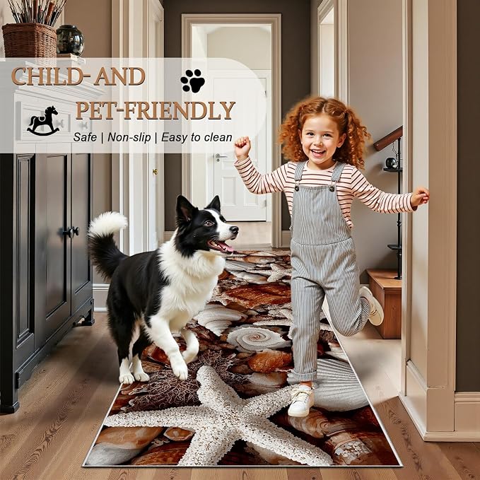 Starfish Conch Seashell Hallway Runner Rug 4x12 - Beach Washable Runners Rug for Entryway Living Room, Retro Seaside Non Slip Carpet Runner for Kitchen Dining Room Bedroom
