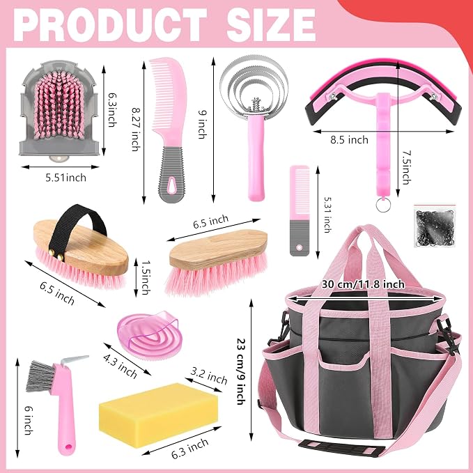 Abbylike 12 Piece Horse Grooming Kit with Organizer Tote Bag Brush Sets for Derby Day Show Horses Professional Tools for Care & Massage(Grey and Pink)